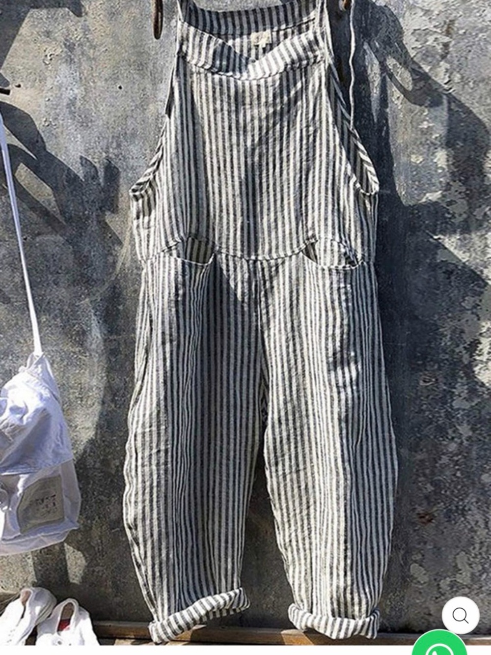 Striped Linen Overalls - Grey and White